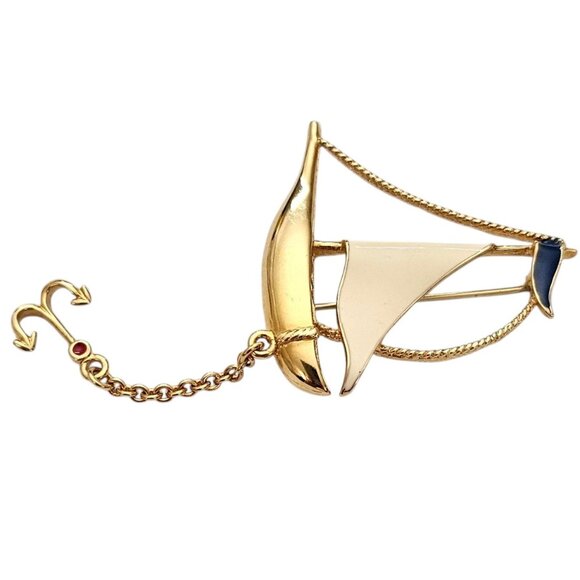 Fernando Originals Gold Tone Enamel Sail Boat Brooch Anchor Chain Dangle, L963 - Picture 3 of 8